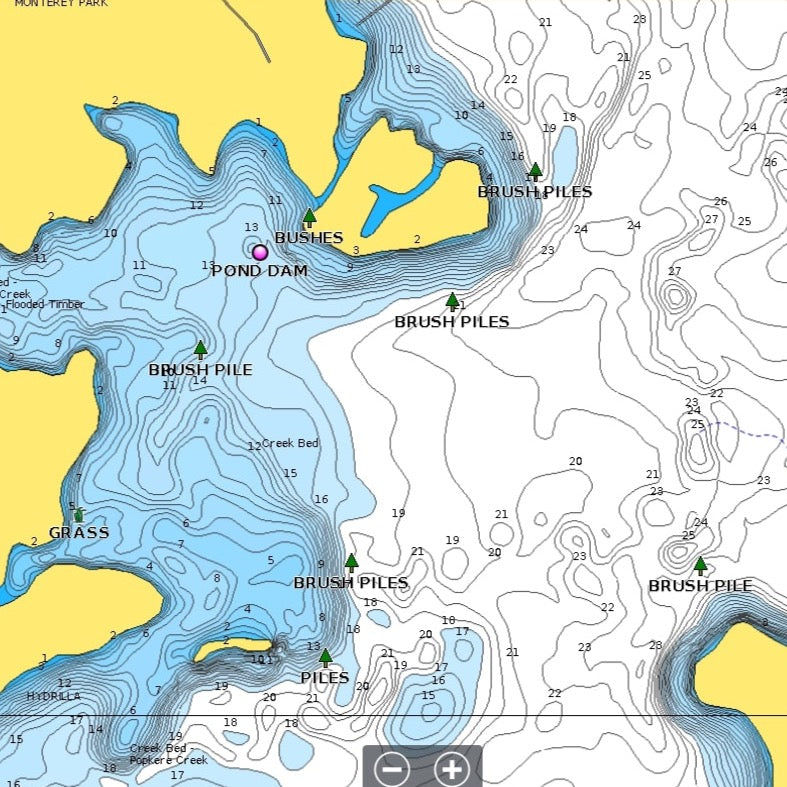 Screenshot of a Lowrance fish finder's chart view containing waypoints on Sam Rayburn like: brush piles, pond dam, and grass.