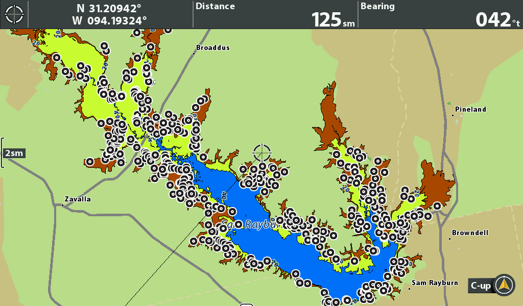 A Humminbird screenshot of a map of Sam Rayburn with Fishing map Cards waypoints. 