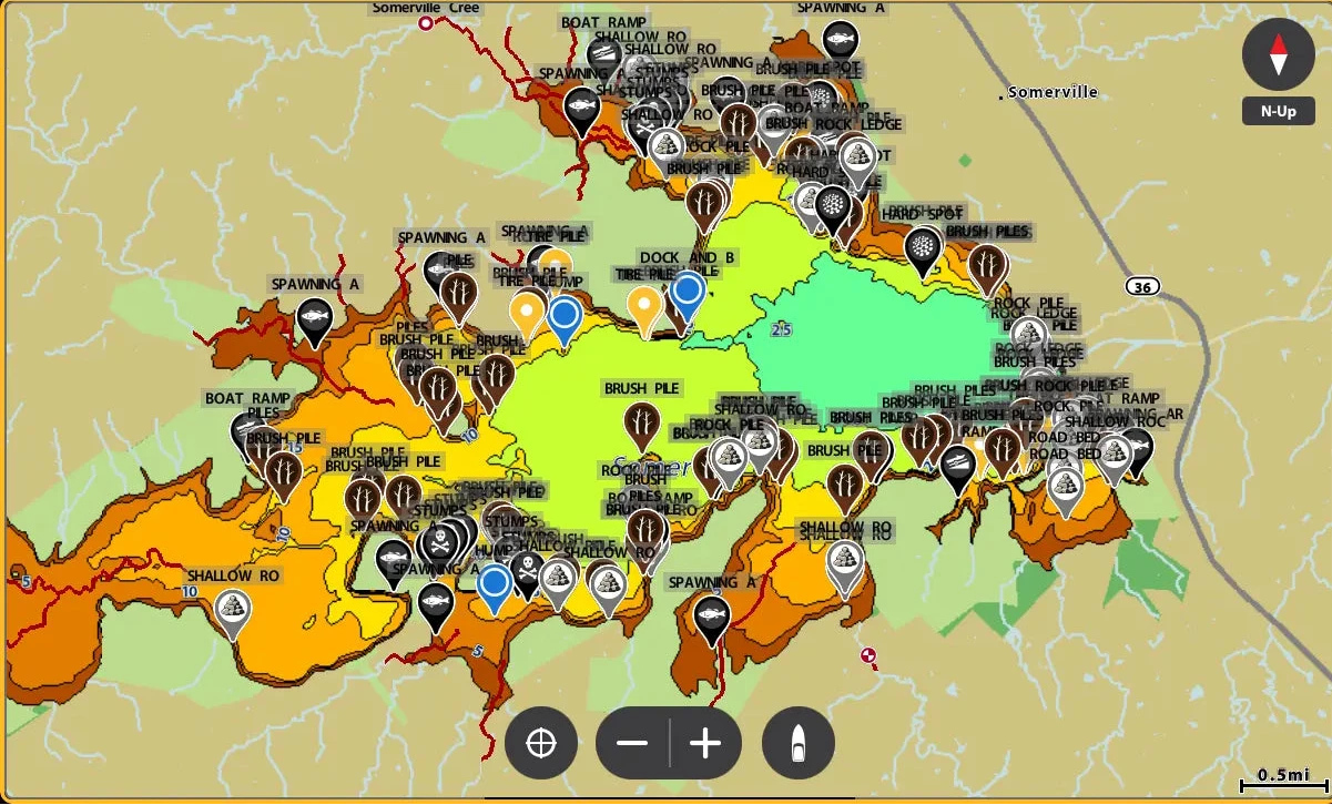 Map with various markers and icons on a digital interface
