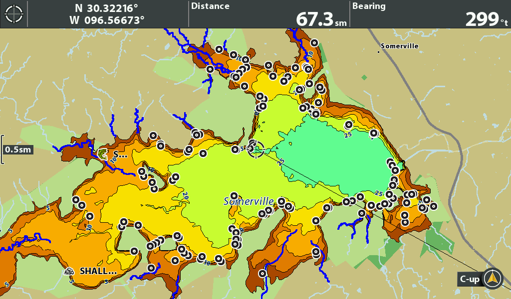 Detailed topographic map of Lake Somerville showing terrain, distance, and navigational data in a colorful format.