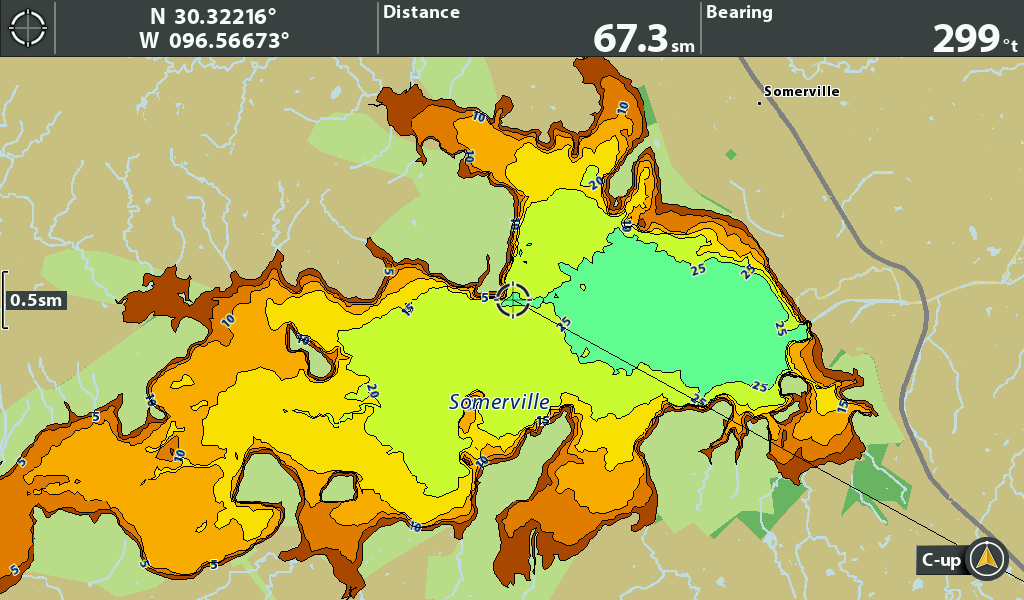 Topographic map of Somerville, showing terrain features, distances, and bearings for navigation.