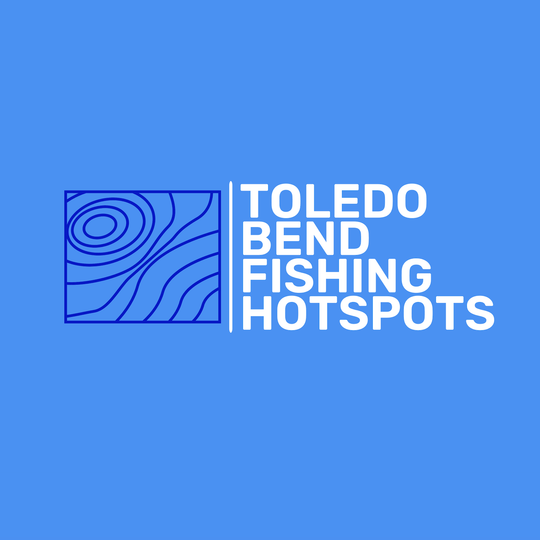 Blue background with a darker blue fishing map cards logo with white text saying Toledo bend fishing hotspots. 