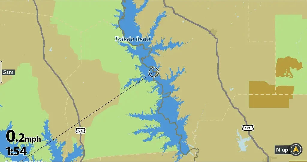 Map with a lake labeled 'Toledo Bend' and navigation details on a screen.