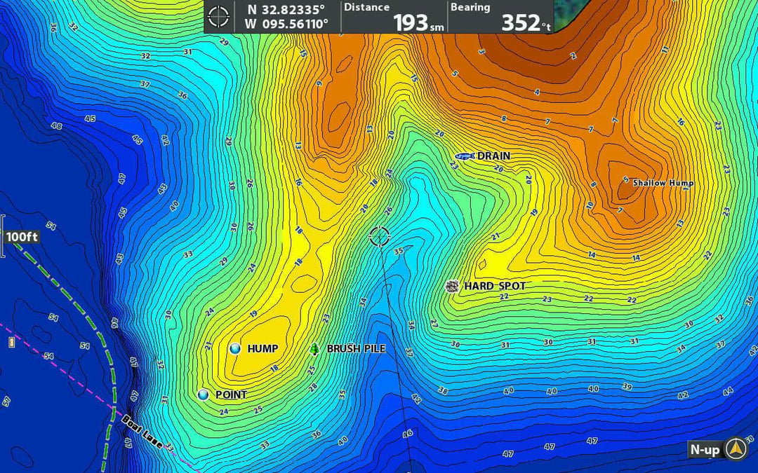 Topographic map showing underwater features like drain, hump, brush pile, and hard spot at specified coordinates.