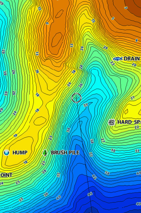 Colored contour map showing underwater features like brush piles, drains, and depth markers for fishing navigation.