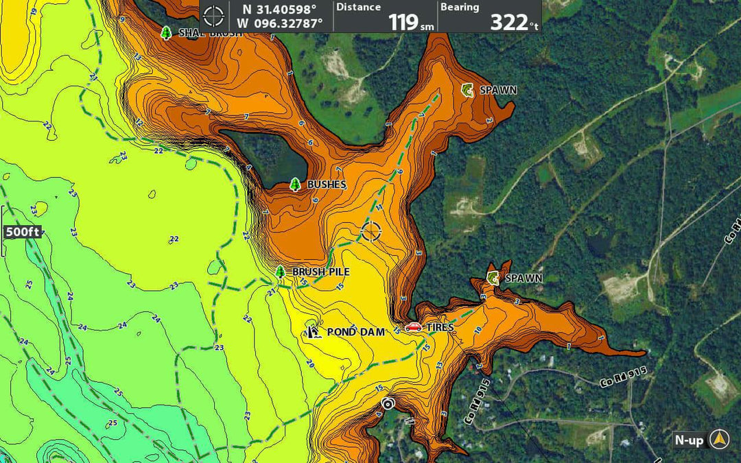 Colorful topographic map showing terrain details, including bushes, pond dam, and nearby landmarks.