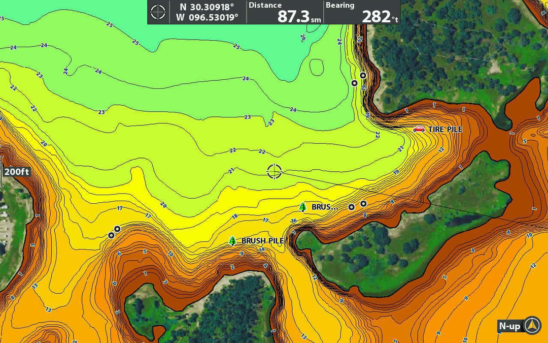 Topographic map showing elevation contours, distance markers, and features like brush and tire piles.